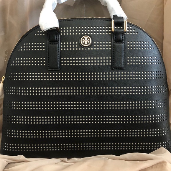 Tory Burch Handbags - New Tory Burch Robinson perforated satchel bag black purse white $550